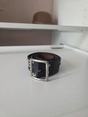 Vintage  Black Studded Leather Belt - Classic Silver Buckle